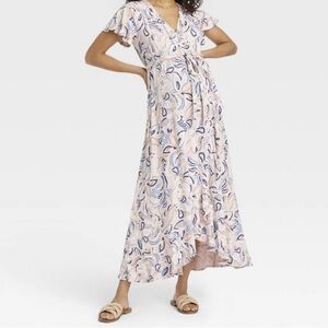 Isabel Materniry • Light Pink Blue Paisley Ruffle Faux Wear Maxi Dress